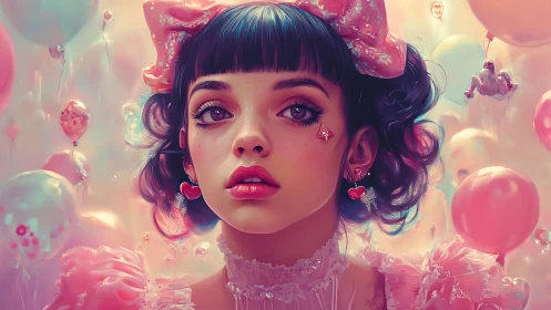Digital portrait girl in pink pastel balloon fantasy world.
