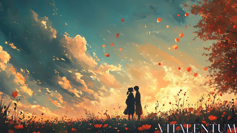 Silhouetted couple in poppy field under luminous sunset sky
