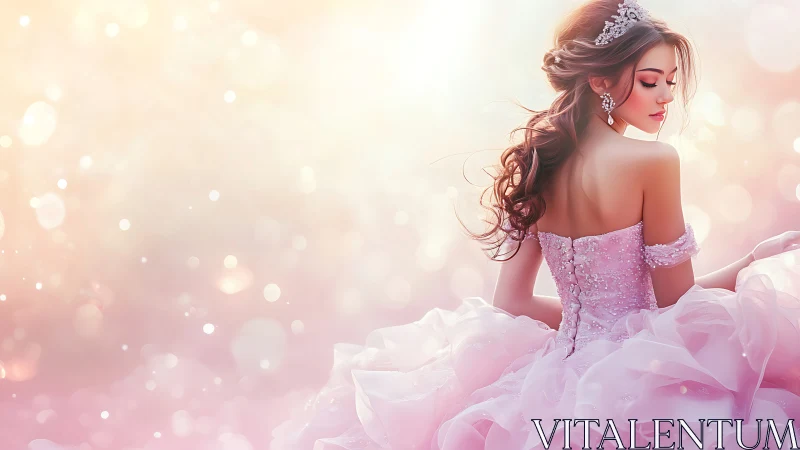 Digital portrait of woman in pink gown with bokeh lights.