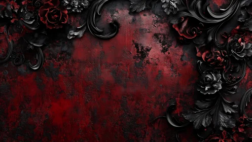 Dark red grunge background with ornate black floral border.