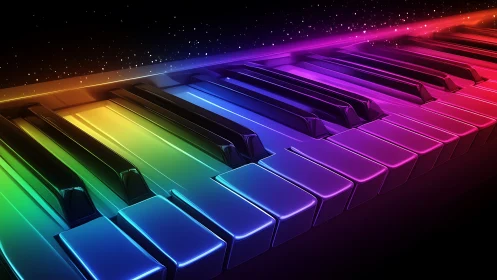 Prismatic piano keys glowing under a cosmic night sky.