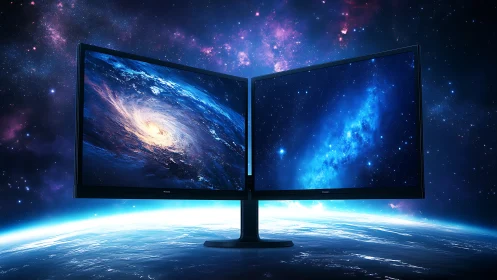 Dual orbital displays rendering astrophysical nebulae in tandem.