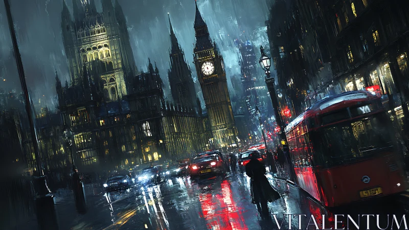 Digital painting of rain-soaked neo-noir London streetscape.