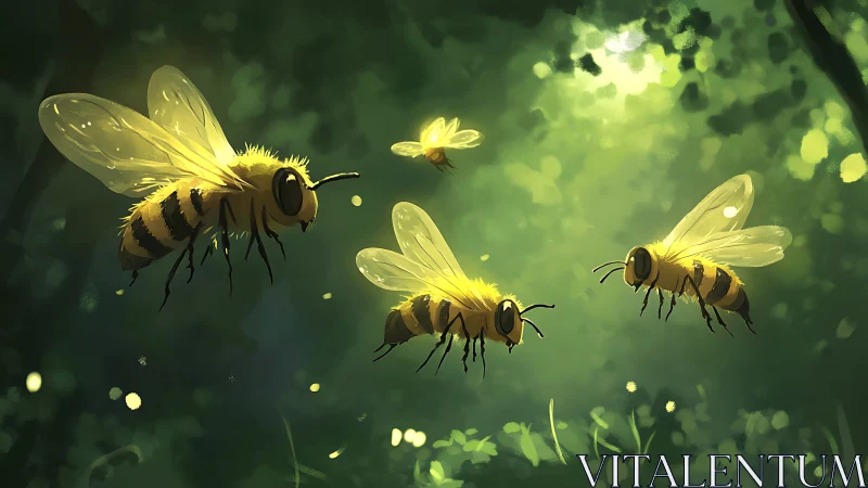 Sunlit forest bees drifting through luminous green air.