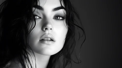Monochrome high‑contrast portrait with wet hair detailing.