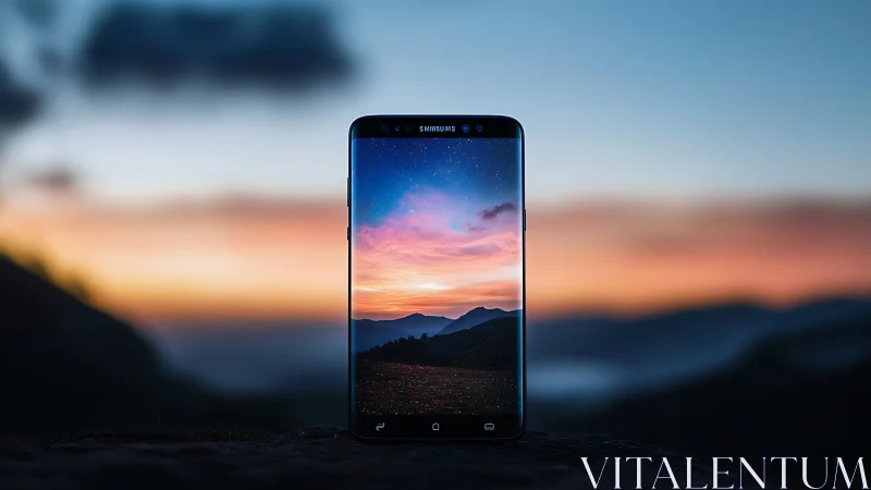 Samsung Phone Displays Vibrant Sunset Over Mountains