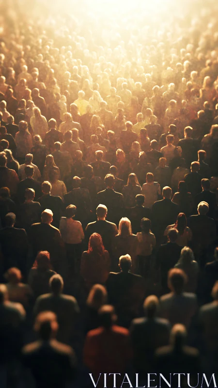 Backlit crowd gathers under warm golden spotlighted haze