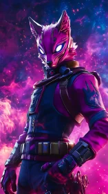 Galactic fox warrior stands boldly in glowing neon stardust