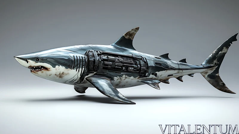 Bold cybernetic shark glides forward with sleek metal power