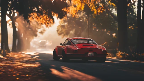 Red sports car moves through tree-lined road at sunrise