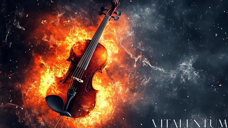 Fiery violin suspended in explosive orange flame field.