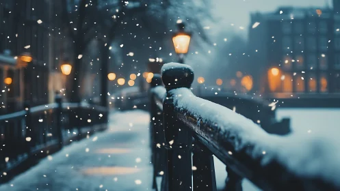 Snowlit canal bridge at dusk with glowing city lamps.