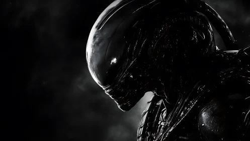 Alien biomechanoid silhouette in stark monochrome profile