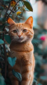 Orange Tabby Cat Among Foliage with Selective Focus Depth