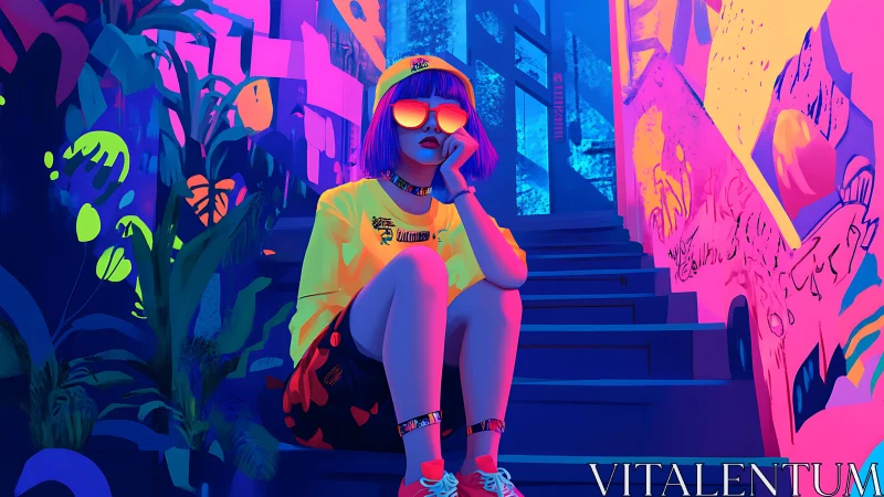 Neon street portrait of reflective girl in saturated urban glow.