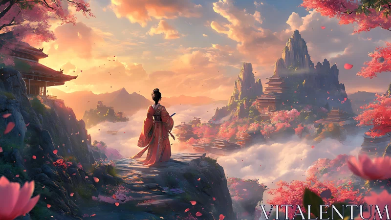 Robe-clad figure surveying mountain temples in cloud valley.