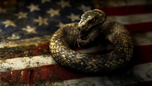 Coiled venomous snake on distressed American flag surface