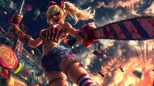 Candy-coated chainsaw rebel storms a neon sunset battlefield.