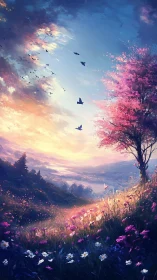 Luminous valley panorama with flowering hillside and dusk sky.