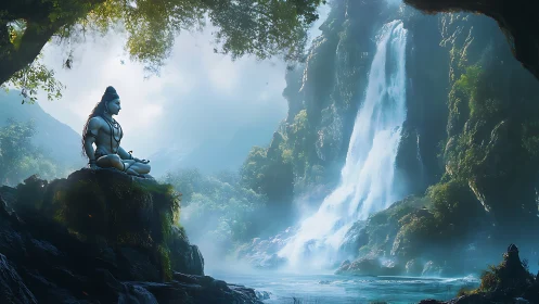 Serene deity meditates beside a mystical forest waterfall.
