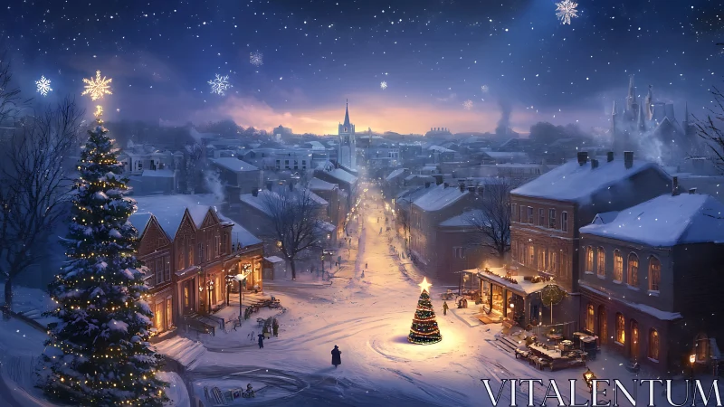 Snowy village street wrapped in twinkling Christmas glow.
