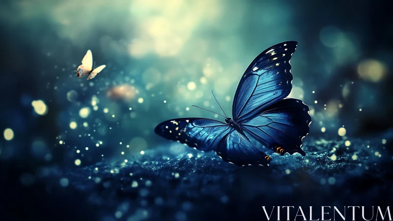 Bioluminescent blue butterfly in shallow depth-of-field bokeh field.