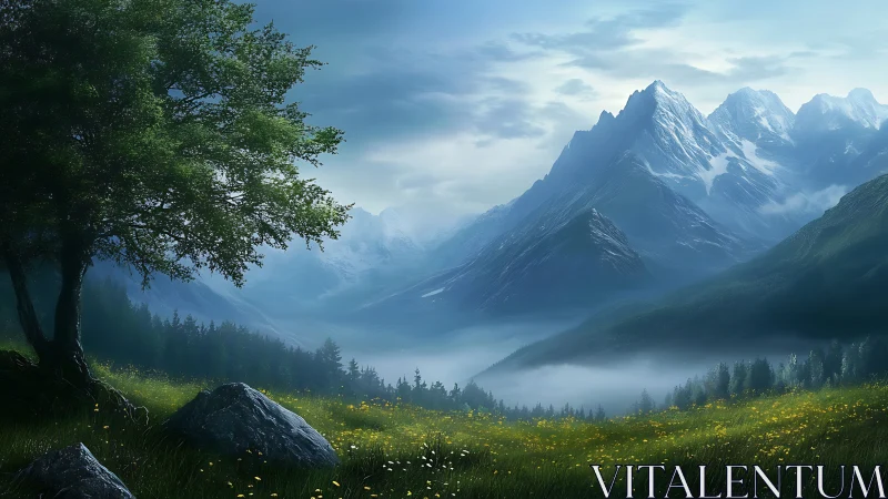 High alpine meadow with misted conifer valley and snow peaks