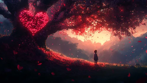Solitary Figure Gazes Luminous Heart Tree Valley.