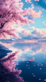 Blossoming cherry tree over tranquil reflective lake at dusk.