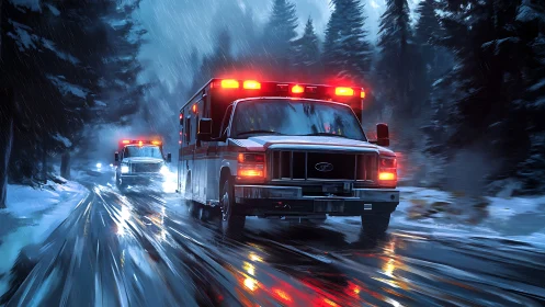 Emergency ambulances on wet winter forest roadway at night.
