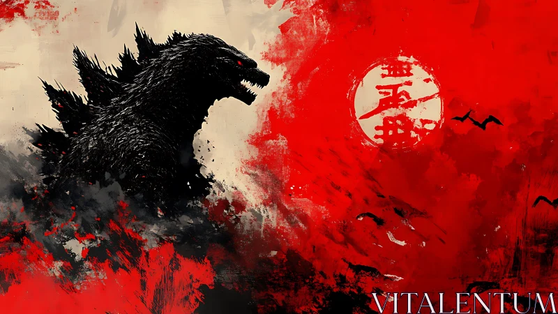 Kaiju silhouette in red-black sumi-e inspired digital storm