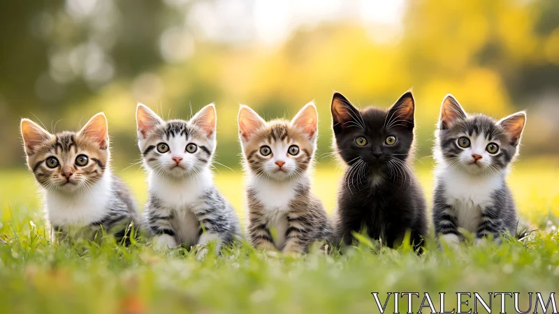 Five Kittens Sit in Grass Against Blurred Garden.