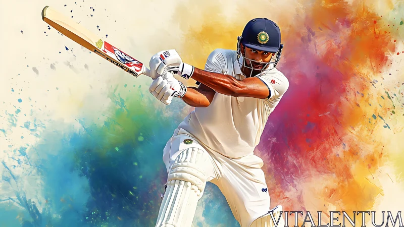 Cricketer in batting stance swings bat amid colorful splash