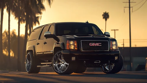 Sunlit custom GMC SUV with chrome rims at golden hour.