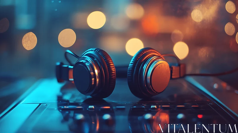 Studio headphones rest on DJ mixer under neon bokeh lights