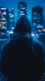 Hooded lone figure overlooks neon city skyline at night.