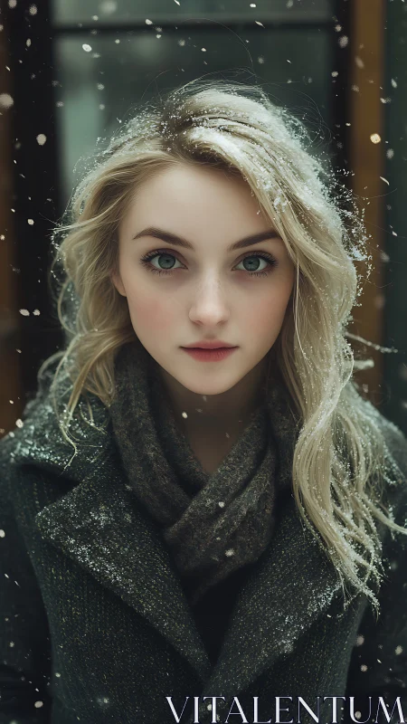 Young woman in winter coat under light snowfall outdoors.