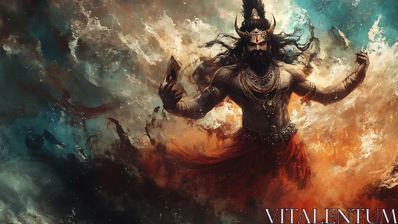 Horned mythic warrior in turbulent abstract environment.