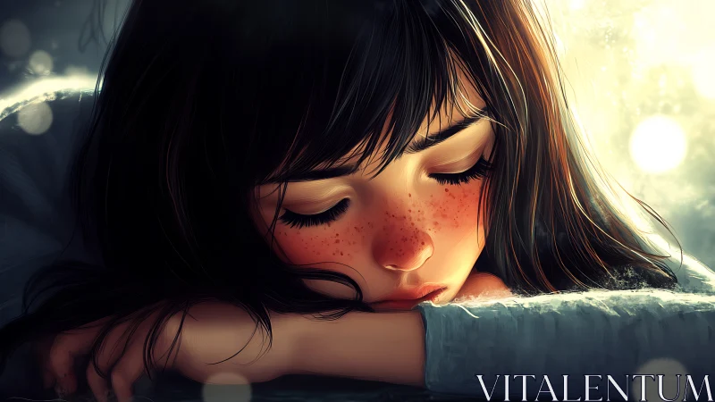 Freckled daydreamer asleep in sunlit hush of winter light.