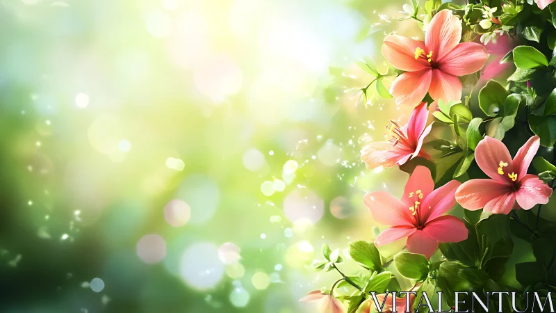 Coral Blooms Against Luminous Bokeh Garden Backdrop.
