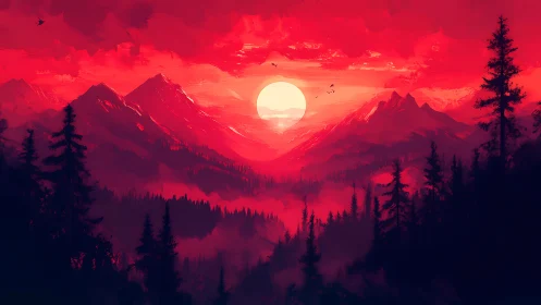 Crimson alpine sunset over misted pines in digital landscape.