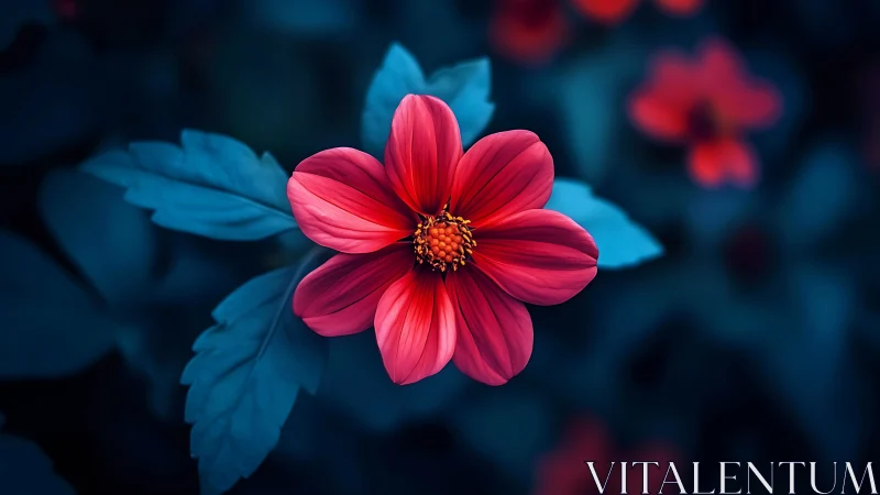 Crimson Cosmos Bloom Against Midnight Blue Foliage.