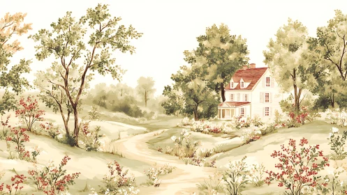 Sunlit country home nestles softly among gentle green hills