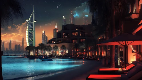Futuristic Dubai marina resort glows under neon night sky.