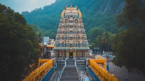 Colorful Hindu temple gopuram rising before misty forest hills.