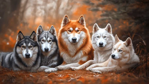 Autumn forest pack of huskies rests in soft golden light.