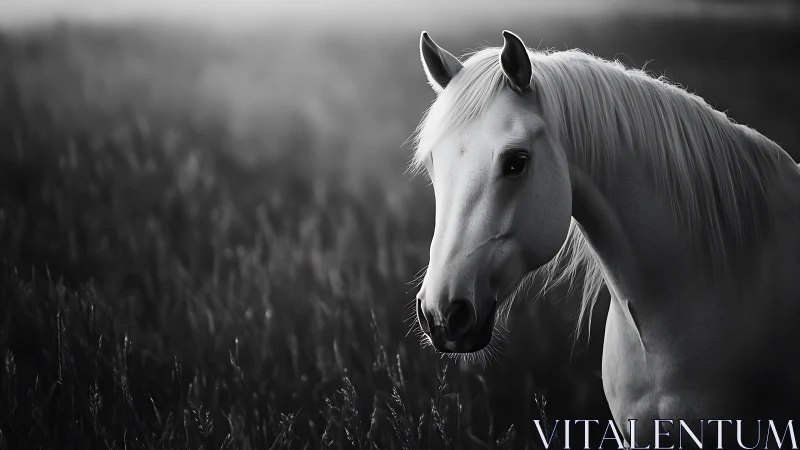 White horse in profile within dark blurred grassland field.