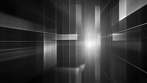 Monochrome abstract corridor with glowing vanishing point.