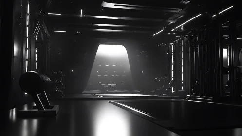 Moody sci fi corridor glows softly with distant doorway light