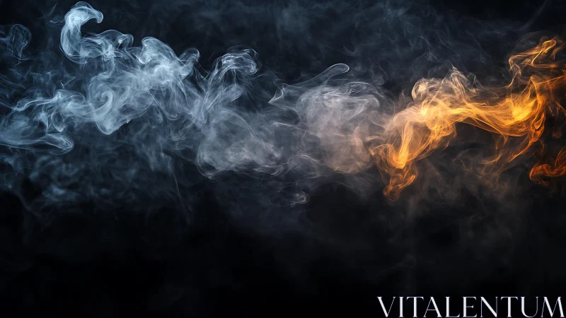 Abstract swirling clouds of blue and orange smoke on dark background.